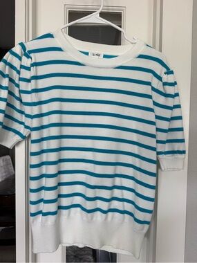 LA MIEL White and Teal Striped Short Sleeve Tee